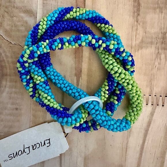 Blue/green/turquoise beaded set of intertwined bracelets - Picture 1 of 4